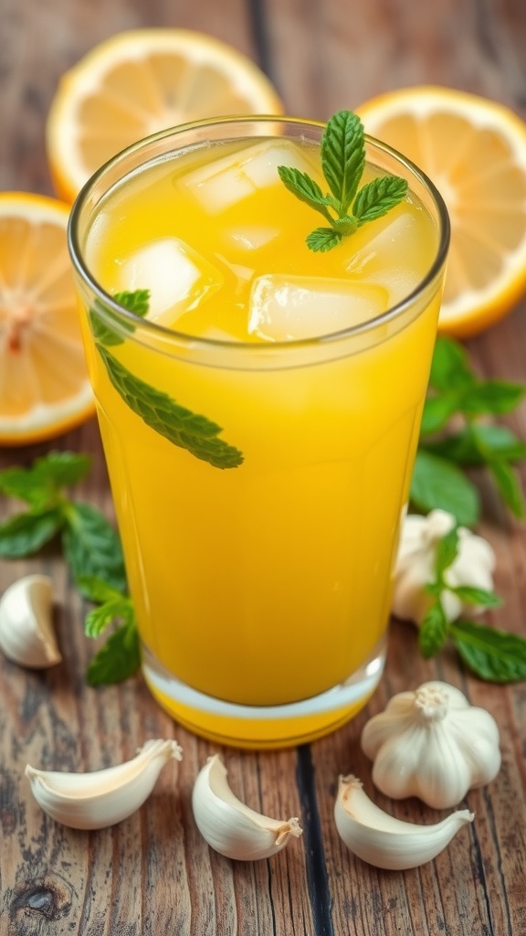 Refreshing garlic juice in a glass with mint garnish and garlic cloves on a wooden table.